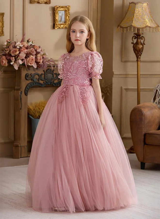 تايك تو فستان طويل بناتي وردي بدانتيل زهور وأكمام منفوخة